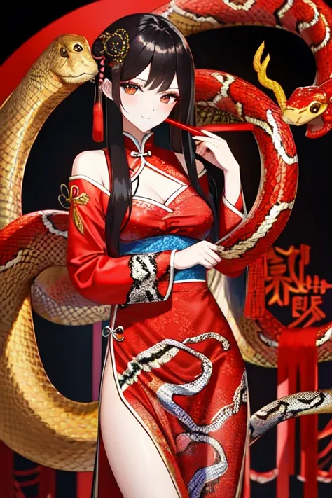 Snake cloth, red snake, beautiful Chinese girl, in the new Chinese year (masterpiece, best quality:1.3)