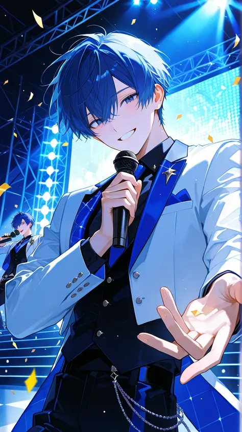 male,blue hair,black eye,Idol costumes,concert hall,on stage,be in the spotlight,a happy smile,hold the microphone in your hand,sense of movement,handsome,confetti is flying,vivid,men's idol, short hair,face close-up,diagonal face