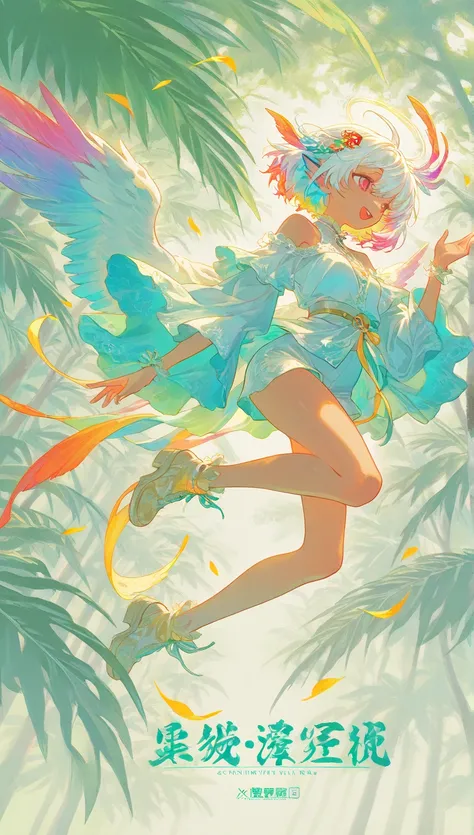 (1 girl with pale tropical colored hair :1.4), botanical background、 pale colored background, the petals dance、bird imaged clothes、detailed costume, Sunshine, dynamic angle, short bang, accessories, feather imaged hair ornament, having Japanese tea set, fl...