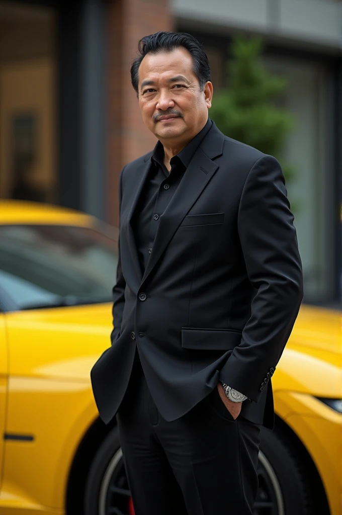  Asian man ,  Vietnamese 39 , a bit fat, not tall , Wearing a black suit , wearing a watch ,  standing next to yellow supercar