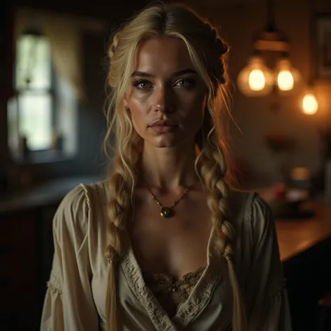 cinematic photo full shot of "Cersei Lannister" (light blonde hair braids)(short skirt) in kitchen, finely detailed eyes, moody, whore clothes, epic scene, epic composition, Photography, Volumetric Lighting, ethereal light, intricate details, extremely det...