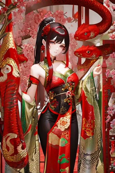 Snake cloth, red snake, beautiful Chinese girl, in the new Chinese year (masterpiece, best quality:1.3)