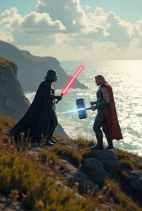 Darth Vader in a duel against Thor. Darth Vader is wielding his red lightsaber and Thor is wielding his warhammer Mjollnir. The battle takes place atop a tor near the sea, grass and shrubs adorn the ground and the surrounding terrain. Sunny day, only a few...