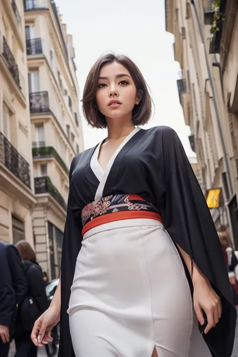 ( top quality, 16k, Masterpiece: 1.3)),  1 girl,  sharp concentration: 1.2,  a beautiful woman with a perfect body : 1.4,  slim abs: 1.2, ((( short bob hair )), (( small: 1.4)), ((Beautiful Face Idol: 1.3)), (transparent fabric kimono 1 .5)),  High Definit...