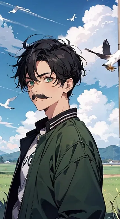 chibinaruto, 1 boy,  black hair,  male focus ,  alone,  sky,  green eyes,  cloud, is,  mustache marks, bird, blue  sky,  Male , jacket,  outdoor,  upper body,  cloudy  sky