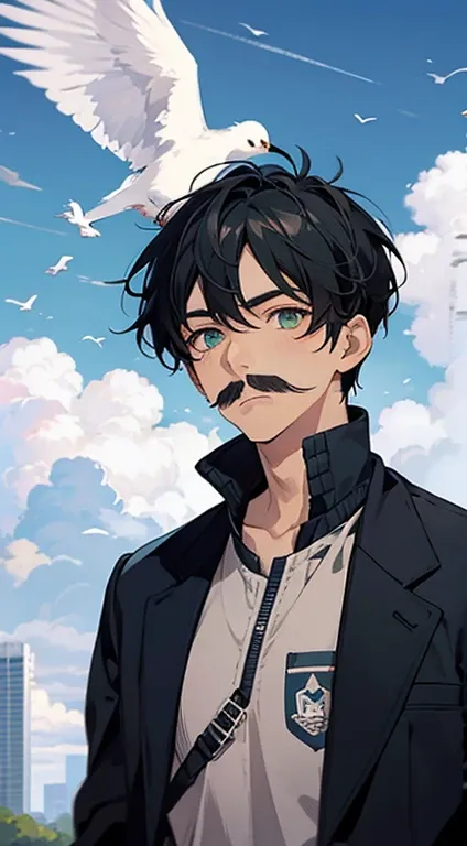 chibinaruto, 1 boy,  black hair,  male focus ,  alone,  sky,  green eyes,  cloud, is,  mustache marks, bird, blue  sky,  Male , jacket,  outdoor,  upper body,  cloudy  sky