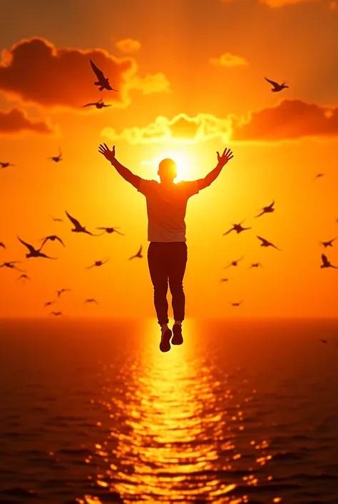 Man flying over the sea . Beautiful sunset with flying birds