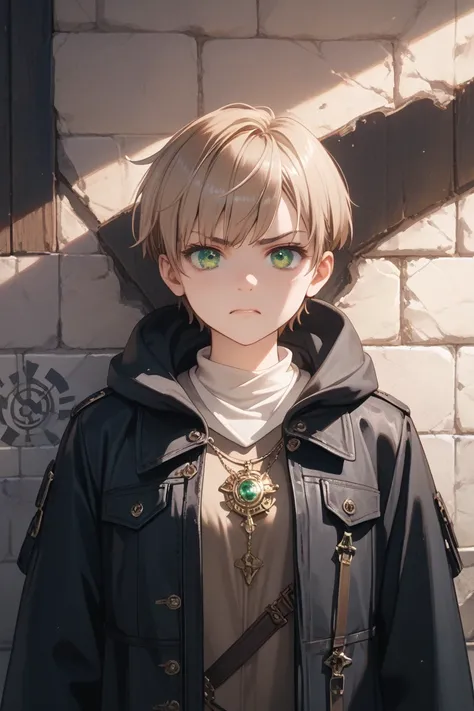 masterpiece, best quality, detailed eyes, 8k, green eye, black hood coat, no accessory on clothes, wearing hood, light brown short cut hair, emotionless, lean against the wall, looking at viewer, fantasy, slum background, midnight background, solo characto...