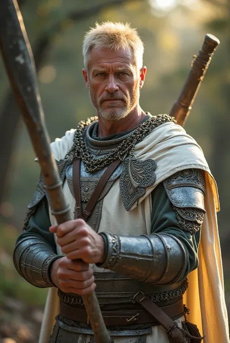 44 years old man, australian, not bloated, pale skin, blue eyes, blonde short hair, wearing white chainmail, holding a great club(not spear, not axe), illuminated by divine light, in the village, morning