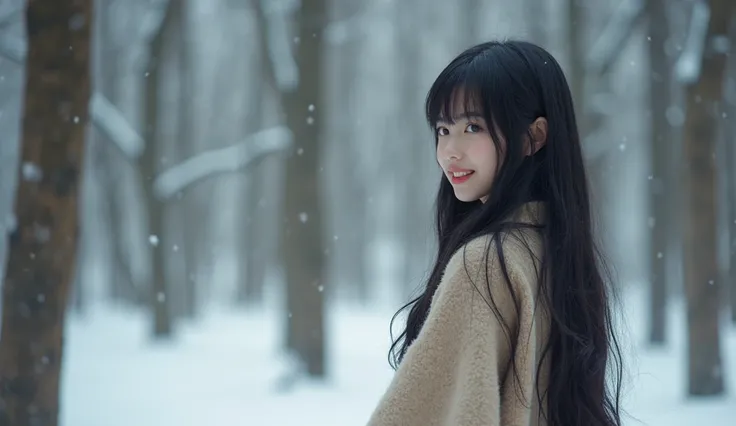  High quality. A real Japanese girl with 18 years old with beyond floor length black hair and see her "whole" body wearing thick lambswool traditional Wafuku standing nearby hot springs inside the forest, must see her whole body. The scenario of forest sho...