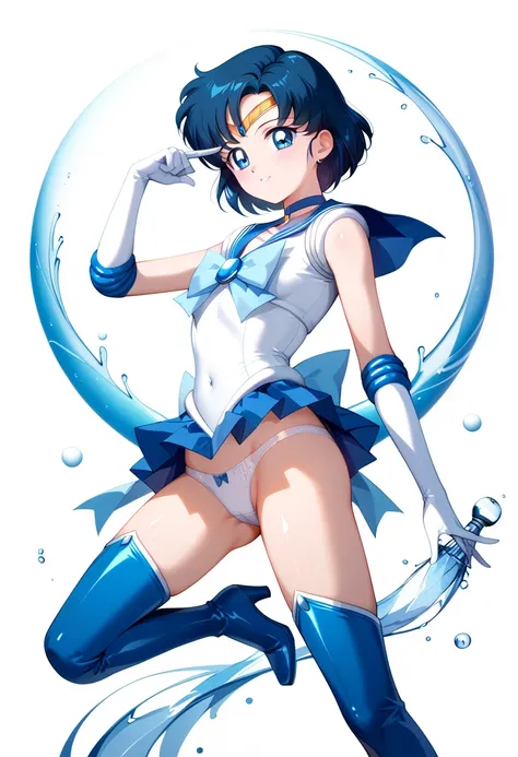      high resolution、  Masterpiece、   Sailor Mercury、Mizuno Ami、 woman 、  sailor warrior costume、 blue costume 、blue long boots 、White Gloves、 small breasts、 flat chested、slender 、Ultra slim、  Lantern 、   short hair、whole body:1.9、 A little far 、 vision、  ...