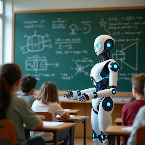 A futuristic humanoid robot with a sleek white and blue design is teaching a classroom full of students. The robot stands in front of a green chalkboard filled with mathematical equations, graphs, and scientific diagrams. The students, dressed casually, ar...