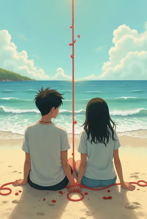 Hello, I want you to show me a teenage couple sitting on the beach and that their red thread is being cut 