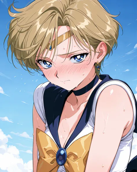 upper body, sailor uranus, 1990s, blush, embarrassed, sweat, High quality, Ultra detailed, best quality, insanely detailed, beautiful, masterpiece,