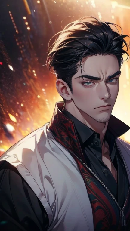 (    league player ,4K,8k,    highres,    masterpiece :1.2),    ultra-detailed   ,(realistic,photorealistic,photo-realistic:1.37),36-year-old man,3 day beard,Beautiful anime,Portraits,strong,Masculine,     with black hair  ,sharp jaw,       mesmerizing eye...