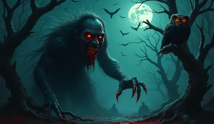 "A terrifying Indian vampire with glowing red eyes, sharp fangs dripping with blood, and long clawed fingers, lurking in a haunted forest on a pitch-black Amavasya night. The eerie full moonlight barely illuminates the twisted, dry trees, and ominous fog s...