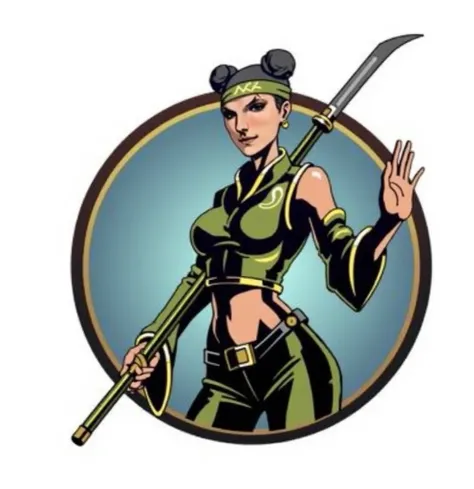 Stylized digital illustration of a female warrior in a dynamic pose, wearing a green martial arts outfit. She has her hair styled in two buns and holds a long polearm weapon with a curved blade at the top. Her stance is confident, with one hand raised in a...