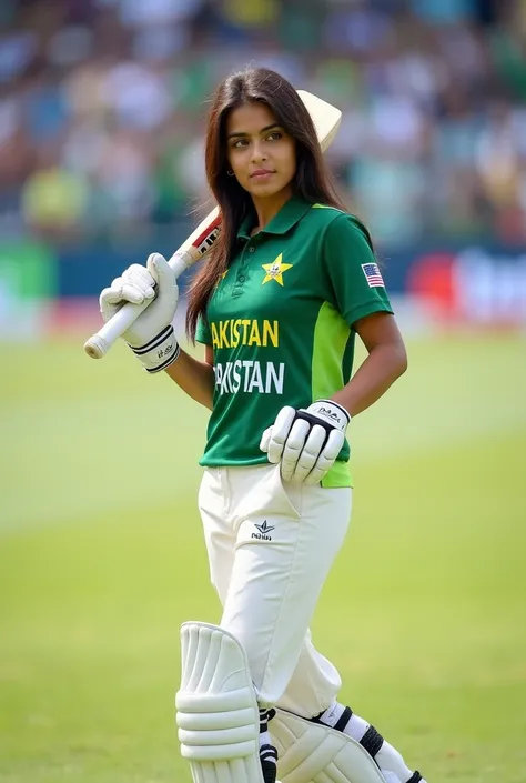 Generate a vibrant, high-resolution image of a young Pakistani woman, at least 20 years old, standing confidently on a bustling cricket ground. She wears an official Pakistani cricket team jersey (green and white colors with team logos) paired with athleti...