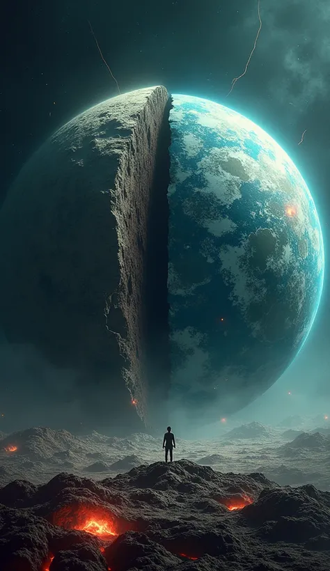 Split-screen of two Earths: one normal-sized and the other massively oversized, almost crushing the moon or covering half the screen.
Add a person (tiny figure) standing on the oversized Earth, looking shocked or struggling to stand due to the increased gr...