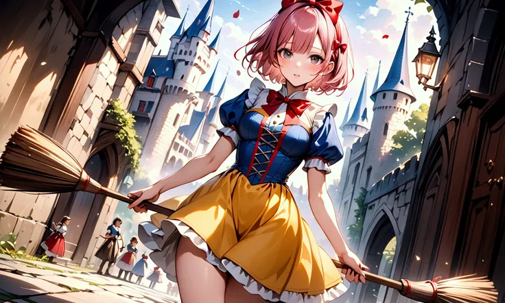 (((Picture book illustrations))), Fantasy World, (Medieval European), (Characters are on the edge), ((spring)), ((snow white cosplay, snow white (disney) (cosplay), cosplay, dress, hair bow, puff and slash sleeves, puffy short sleeves, puffy sleeves, red b...