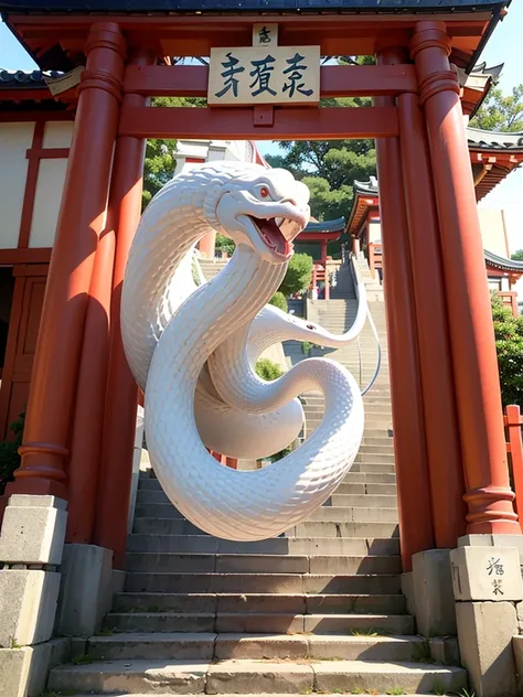 Picture of rising luck with money 、A divine 々 white snake is wrapped around the torii gate of the shrine