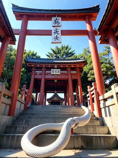 Picture of rising luck with money 、A divine 々 white snake is wrapped around the torii gate of the shrine