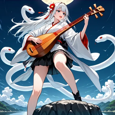 lute \( Instrument \), from below,,a woman in a miniskirt is standing and playing biwa. White Snake 、
playing Instrument ,Dancing White Serpent、
holding Instrument ,
Japanese clothing,
kimono,
White Snake, A night when the moon is shining、moon,
Benzai...
