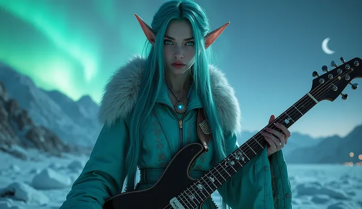 beautiful elf woman with turquoise eyes, turquoise hair,  a black electric guitar in her hands, behind her is the ancient deity Yog Saron, sharp ice rocks, detailed face and features, Radiant skin, intricate costume details, night, snow, moonlight and nort...