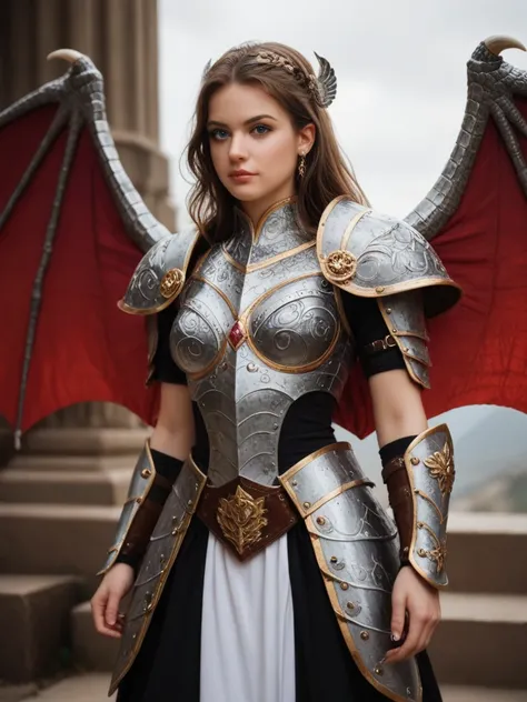 "An illustration of Violet Sorrengail from the book 'Blood Wings'. Violet is a young warrior with brown hair with silver tips, hazel and pale blue eyes, and fair skin. She stands at 1.57 meters tall. She is wearing a black armor gifted by her sister, made ...