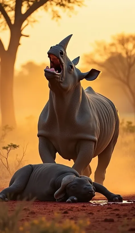 "A dramatic and intense scene in the African savanna, where a powerful rhinoceros stands triumphantly over a fallen buffalo. The rhino, muscular and battle-scarred, roars into the sky with its mouth open, revealing sharp details of its face. Blood pools ar...