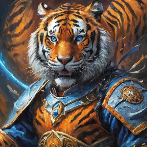 A tiger in a warrior costume stands in a cool pose,  two eyes red blue , command room background