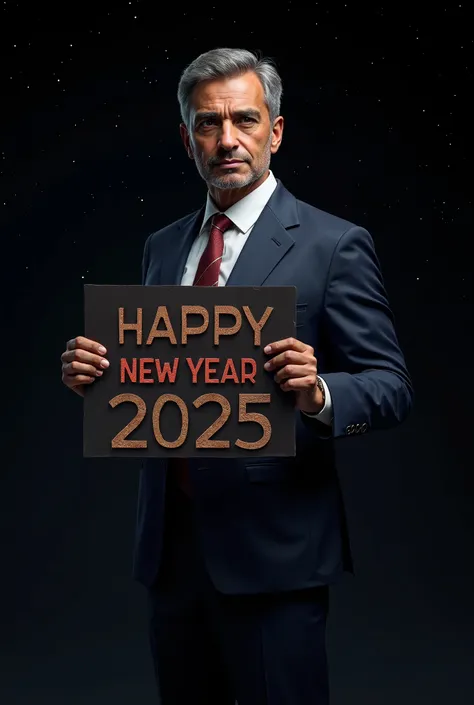 A man Arshad dressed in business suit holding a sign that say happy new year 2025 he is in space