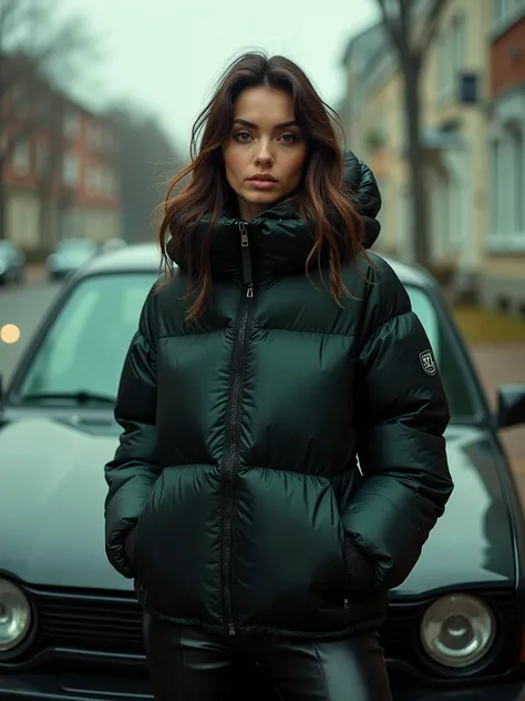   A woman in a black jacket and leather pants next to a car,   monster  girl,  bebe energia   monster  ,  energy monstruosa  ,   monster  ,   model USA jacket puffer  ,   cold as ice  ! 🧊, 🤬 🤮 💕 🎀,    monster  , Jacke Puffer, yummy ,   black and green  , s...