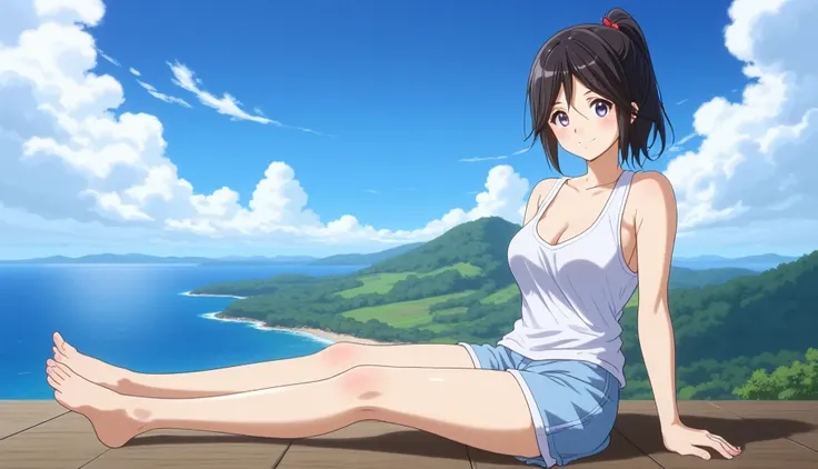 １ women over、 black hair、 ponytail、(( white tank top))、 medium chest、Light blue shorts、 hotpants、Fading hair、Short sleeve、 on top of the hill、smile、blue sky、 detailed background on a futon、 beautiful landscape、 Hill with a View of the Sea 、Observation Deck