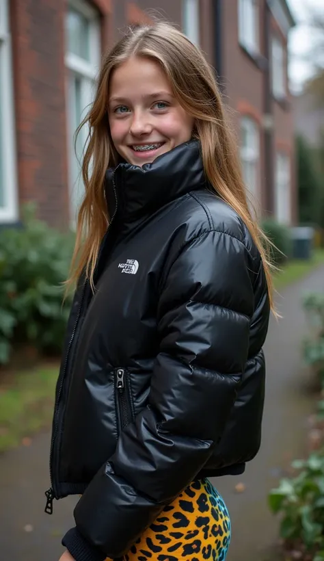 Backside diagonally photo from side behind of a sweaty hot wet cute beautiful darkblonde furtuned dutch spanish italia young posing age femboy wearing black northface shiny pvc puffy cropped short puffer jacket, very short shiny black Big luxurious northfa...