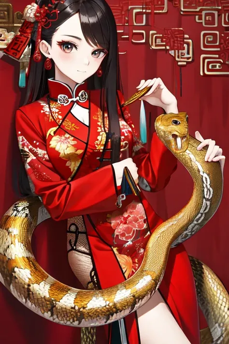 Snake cloth, red snake, beautiful Chinese girl, in the new Chinese year (masterpiece, best quality:1.3)