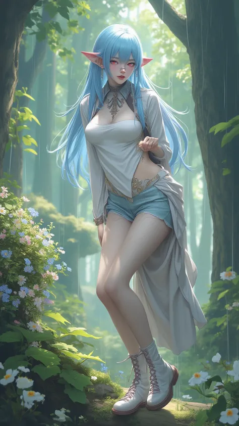  best quality ,Highly Detailed Description of , Masterpiece, Super Detail,illustration, Bare Thighs,cat, beautiful detailed eyes ,【picture album, big boobs,grids,In the rain, girl,long skirt, Blue hair ,forest,shirt lift,flowering bush ,long hair,cross-lac...