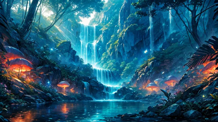 ( top quality,4K,8k, high resolution, masterpiece :1.2), Super Detail,( realistic,fotor realistic,fotor realistic:1.37), A waterfall cascading into the void 、 An island in the sky with a garden spreading above the clouds,figure, A crystal clear waterfall ,...