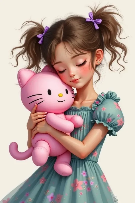 ** Charcoal and airbrush art of a pretty  with messy brown hair with bright ash blond highlights, messy pigtails tied with purple ribbons , some freckles,  Eyes Closed,  a facial expression of pure love for the pink plush Hello Kitty she holds on her chin ...