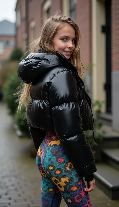 Backside diagonally photo from side behind of a sweaty hot wet cute beautiful darkblonde furtuned dutch spanish italia young posing age femboy wearing black northface shiny pvc puffy cropped short puffer jacket, very short shiny black Big luxurious northfa...