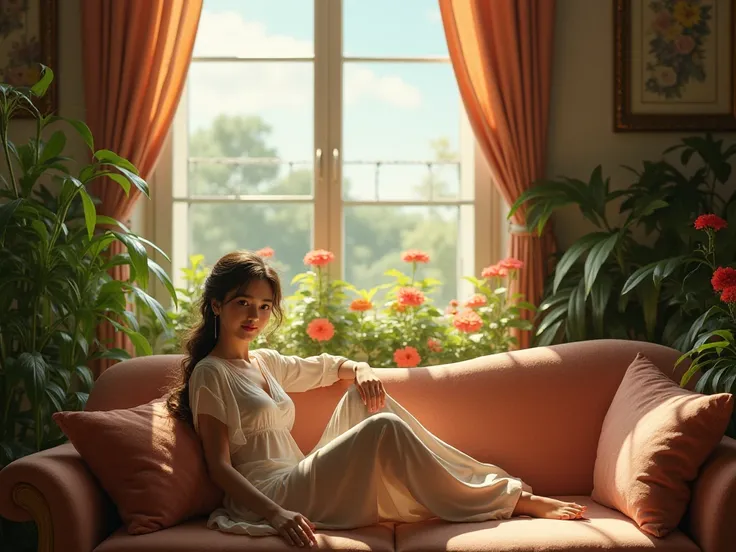 A highly realistic image of a young woman sitting on a cozy couch in an elegantly decorated drawing room filled with vibrant flowers and lush interior plants. She is looking directly at the camera with a calm and inviting expression. Sunlight streams throu...