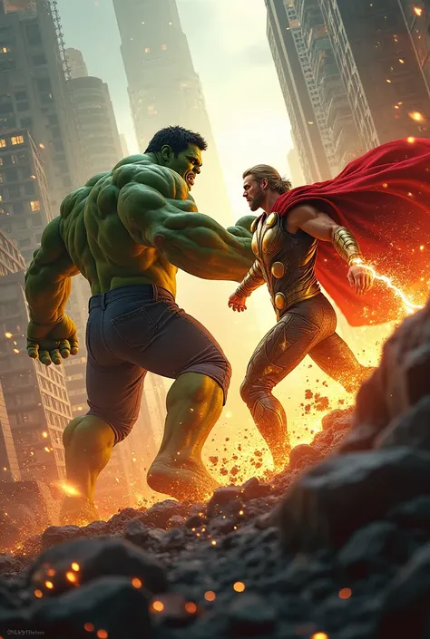 Generate a hulk and Thor are fighting against each other with the marvel movies background 