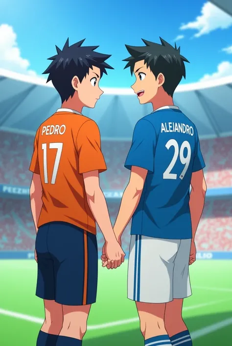 Imagine the start of a game, the two captains of both teams give each other an affectionate greeting: one is a 19-year-old boy wears an orange t-shirt and a navy blue short has the number 17 on the back and has the name Pedro, the other is a 27-year-old bo...