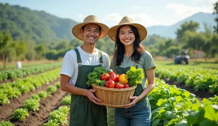 2 young asian millennial vegetable farmer stands in a vibrant garden, surrounded by rows of lush, colorful vegetables. With a bright smile and wearing a stylish sun hat, he embodies the spirit of modern agriculture and sustainability. Clad in comfortable, ...