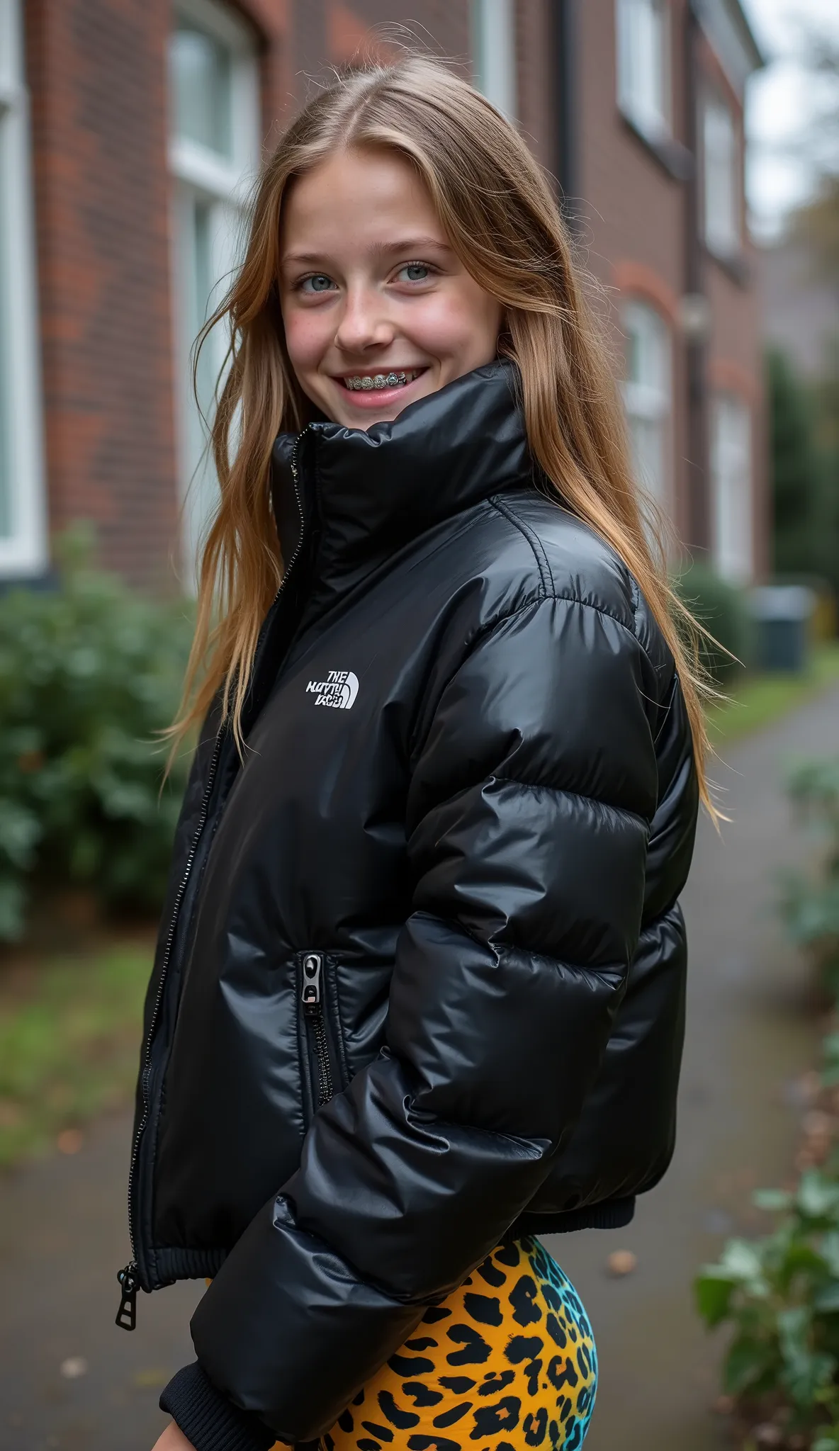 Backside diagonally photo from side behind of a sweaty hot wet cute beautiful darkblonde furtuned dutch spanish italia young posing age femboy wearing black northface shiny pvc puffy cropped short puffer jacket, very short shiny black Big luxurious northfa...