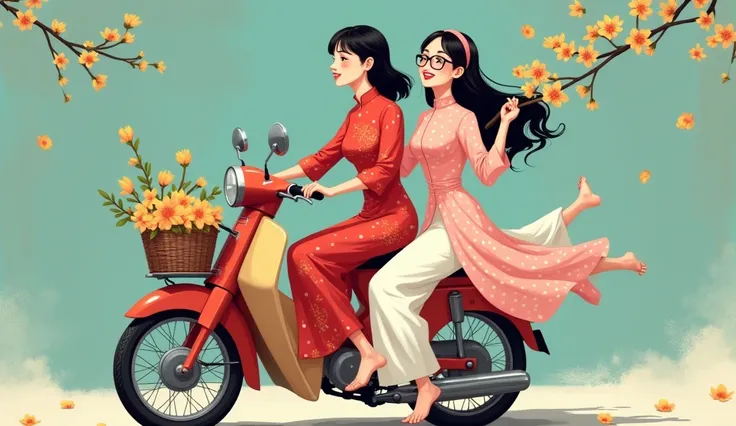 An anime character of two young Vietnamese women joyfully riding a classic motorbike, dressed in traditional áo dài, embracing the excitement of the Lunar New Year.
The woman in the front, who is the driver, wears a beautiful red áo dài adorned with delica...