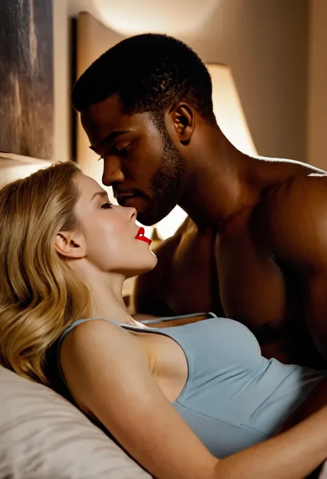 Caucasian actress Erin Moriarty and African American actor Jovan Adepo share a steamy and passionate kiss inside a bedroom lit only by candlelight. Both look happy and in love with each other. Both are clothed lightly for the bedroom. Erin has lovely makeu...