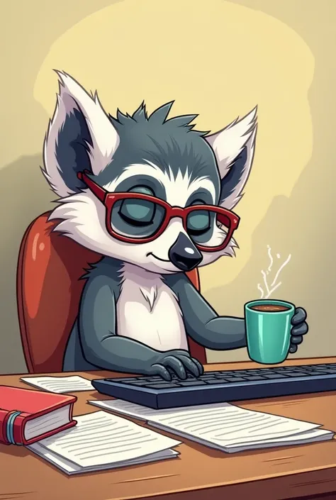  Create a cartoon illustration of a lemur with glasses,  sitting at his desk .  Lemur holds a cup of coffee ,  trying to type on the keyboard , but falls asleep ,  falling on her .  Papers and notebooks are scattered around .  Lemur looks tired and sleepy ...