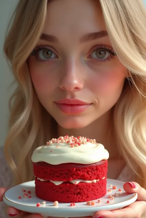 I want a drawing of a small, thin, red cake with white cream and a beautiful girl with blonde hair eating it with great pleasure.