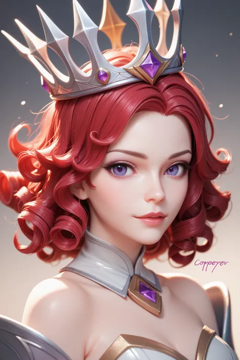  looking at the viewer,  high resolution, Necessary,  league player , HD model,  curly hair , hair type 3c,  medium size hair, coppery red hair ,  purple eyes,  white skin,  prince,  silver crown on the head